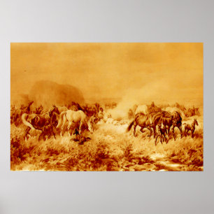HORSES GRAZING Antique Orange Yellow Brown Sepia Poster