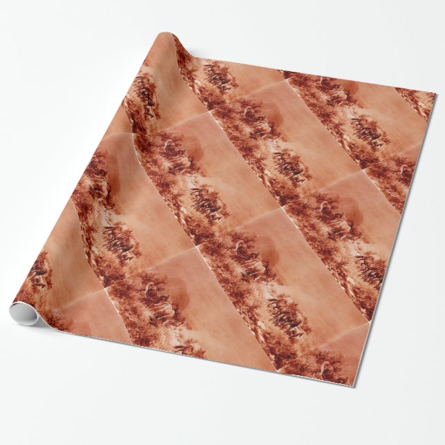 HORSES GRAZING ,Antique Red Brown Pink Wrapping Paper (Unrolled)