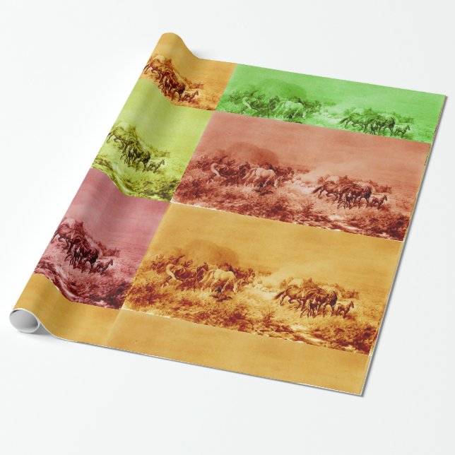 HORSES GRAZING ,Antique Red Brown Yellow Green Wrapping Paper (Unrolled)