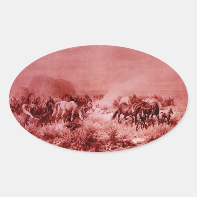 HORSES GRAZING ,Antique Red Pink Oval Oval Sticker (Front)