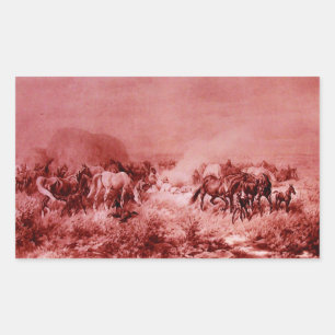 HORSES GRAZING ,Antique Red Pink Rectangular Sticker