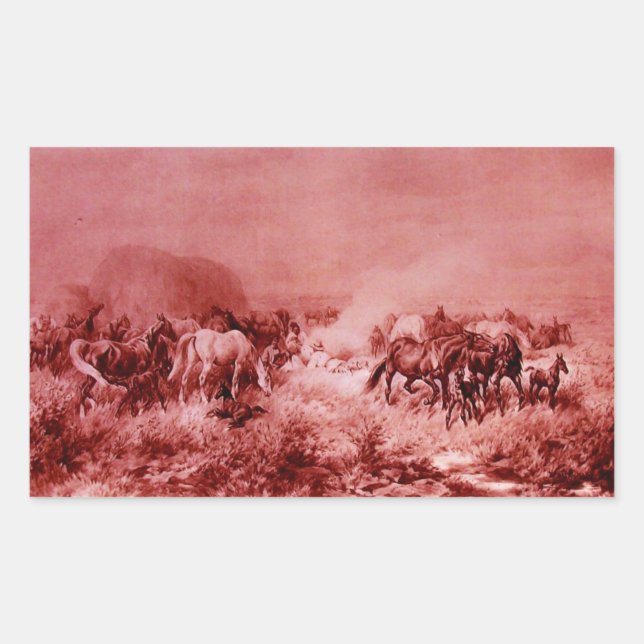 HORSES GRAZING ,Antique Red Pink Rectangular Sticker (Front)