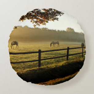 Horses Grazing in Sunrise Pasture Round Cushion