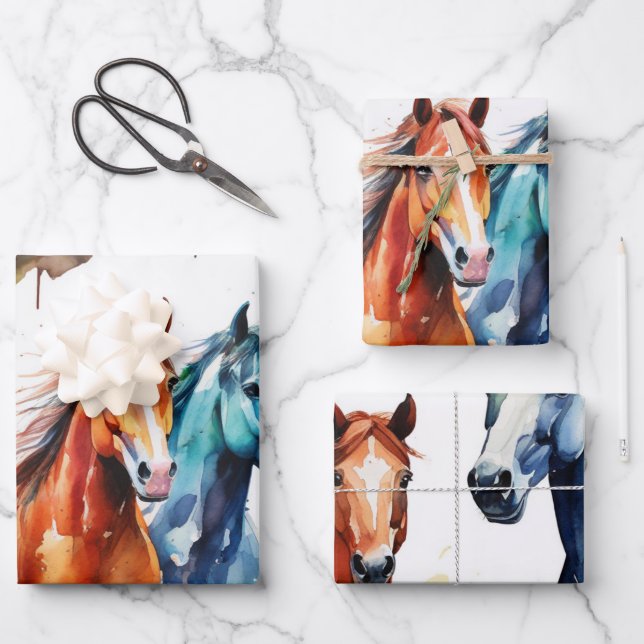 Horses Grazing in Watercolor Meadow Wrapping Paper Sheet (Front)