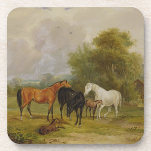 Horses Grazing: Mares and Foals in a Field (oil on Coaster