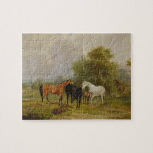 Horses Grazing: Mares and Foals in a Field (oil on Jigsaw Puzzle