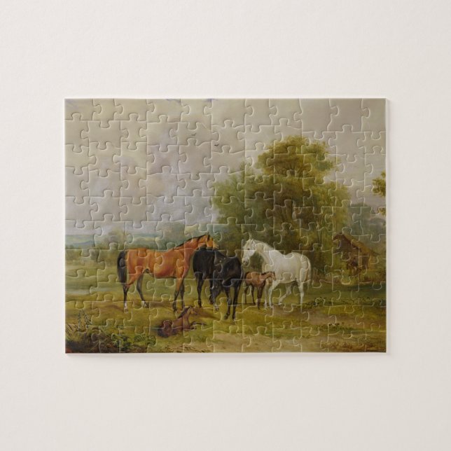 Horses Grazing: Mares and Foals in a Field (oil on Jigsaw Puzzle (Horizontal)