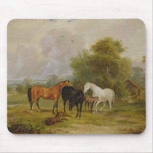 Horses Grazing: Mares and Foals in a Field (oil on Mouse Mat