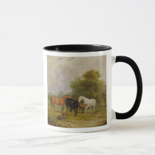 Horses Grazing: Mares and Foals in a Field (oil on Mug
