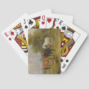 Horses Grazing: Mares and Foals in a Field (oil on Playing Cards