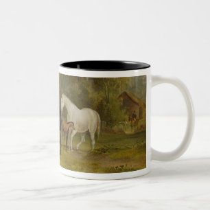 Horses Grazing: Mares and Foals in a Field (oil on Two-Tone Coffee Mug