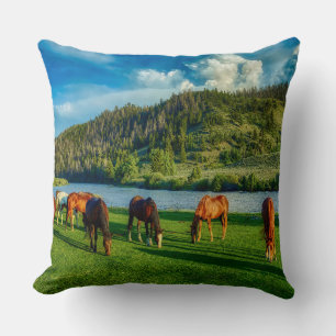 Horses Grazing Near A River And Mountain  Cushion