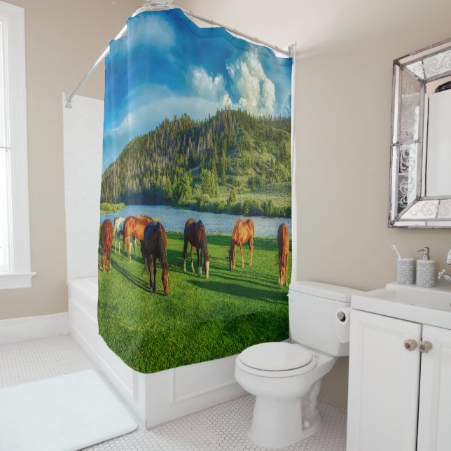 Horses Grazing Near A River And Mountain Shower Curtain (In Situ)