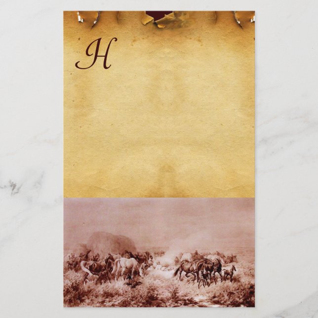 HORSES GRAZING PARCHMENT MONOGRAM Brown Sepia Stationery (Front)