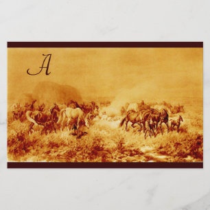 HORSES GRAZING PARCHMENT MONOGRAM brown sepia Stationery