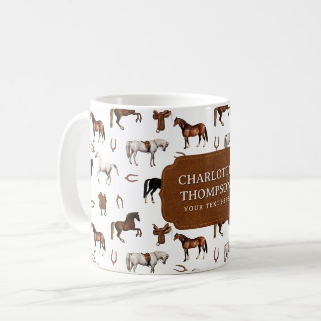 Horses Horseshoe Horse Saddles Custom Name Coffee Mug (Front Left)