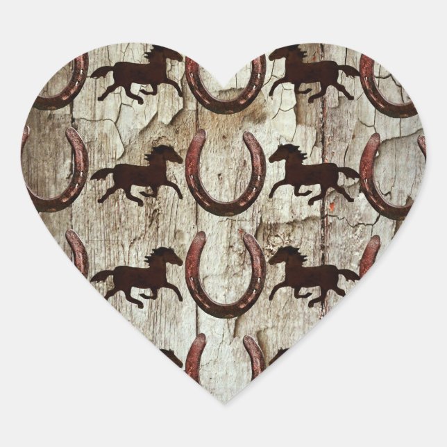 Horses Horseshoes on Barn Wood Cowboy Gifts Heart Sticker (Front)