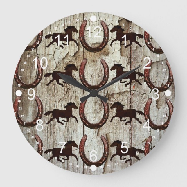Horses Horseshoes on Barn Wood Cowboy Gifts Large Clock (Front)