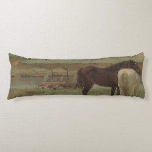 Horses in a Meadow, Oil Painting, Edgar Degas Body Cushion