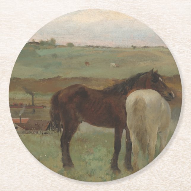 Horses in a Meadow, Oil Painting, Edgar Degas Round Paper Coaster (Front)