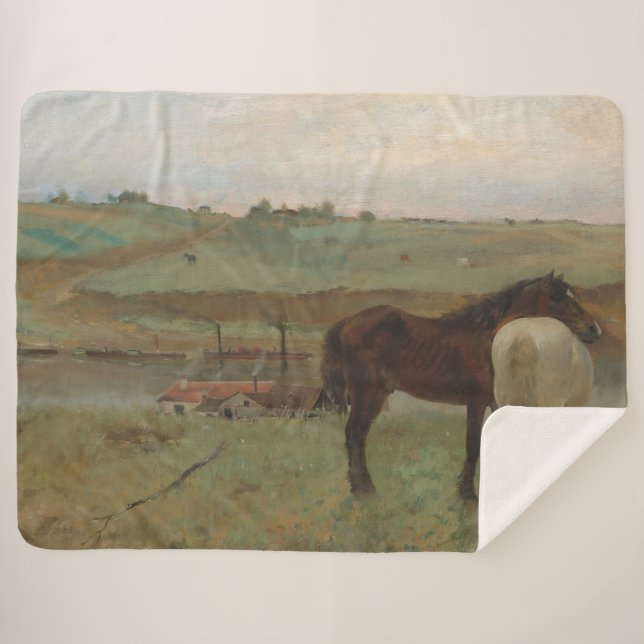 Horses in a Meadow, Oil Painting, Edgar Degas Sherpa Blanket (Front (Horizontal))