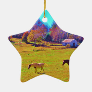 Horses in a Rainbow Coloured Field Ceramic Tree Decoration