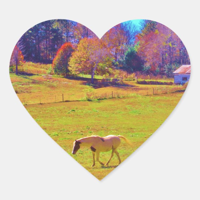 Horses in a Rainbow Coloured Field Heart Sticker (Front)