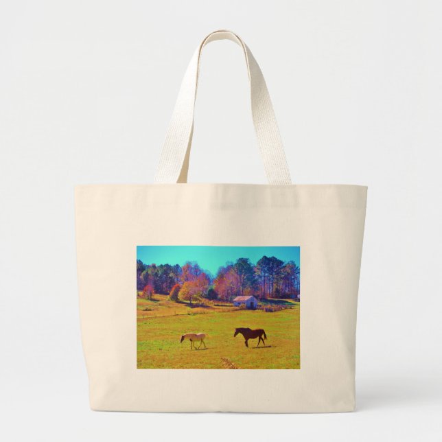 Horses in a Rainbow Coloured Field Large Tote Bag (Front)