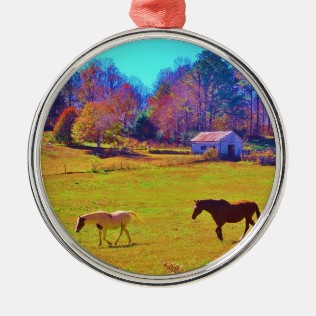 Horses in a Rainbow Coloured Field Metal Tree Decoration (Front)