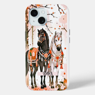 Horses in a Red Forest Custom Name iPhone 15 Case