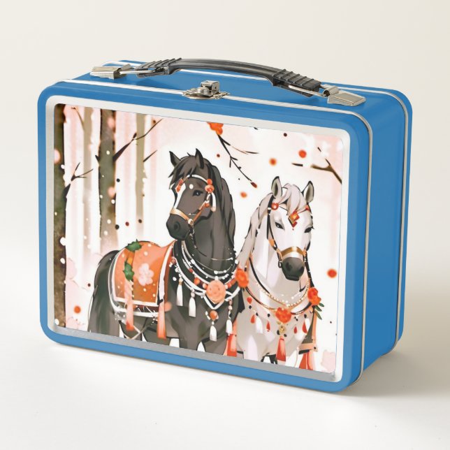 Horses in a Red Forest Metal Lunch Box (Front)