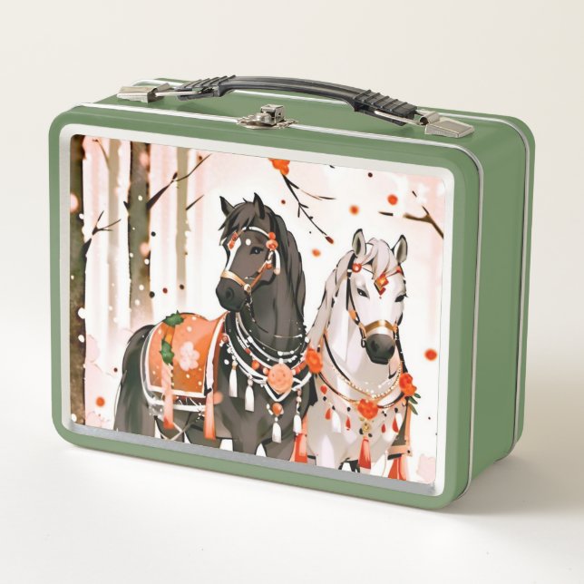 Horses in a Red Forest Metal Lunch Box (Front)