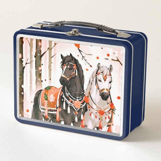 Horses in a Red Forest Metal Lunch Box (Front)