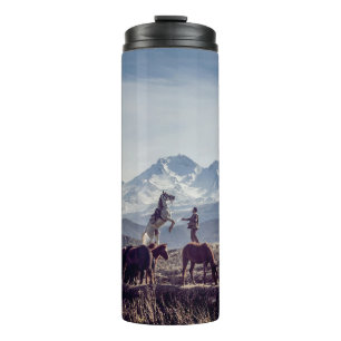 HORSES IN BROWN OPEN FIELD VIEWING MOUNTAIN AT DAY THERMAL TUMBLER