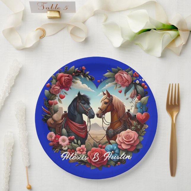Horses in Heart Blue Paper Plate (Wedding)