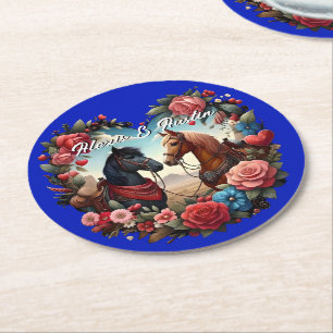 Horses in Heart Blue Round Paper Coaster