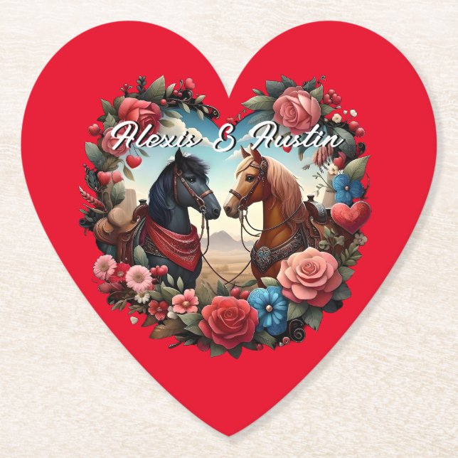 Horses in Heart Red Paper Coaster (Front)