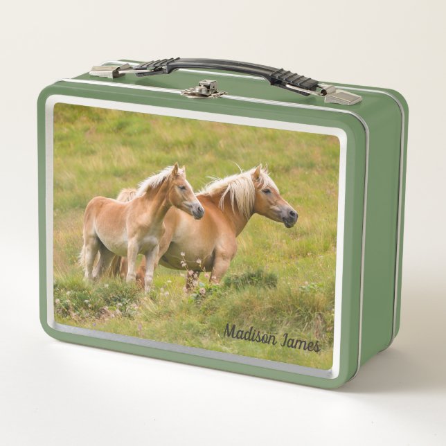 Horses In Meadow Personalised Name Metal Lunch Box (Front)
