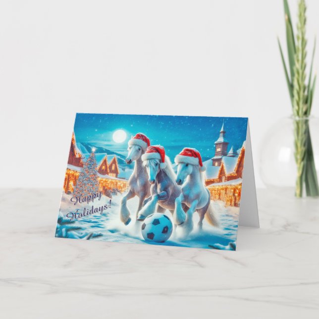 Horses in Santa Hats Playing Soccer Christmas Card (Front)