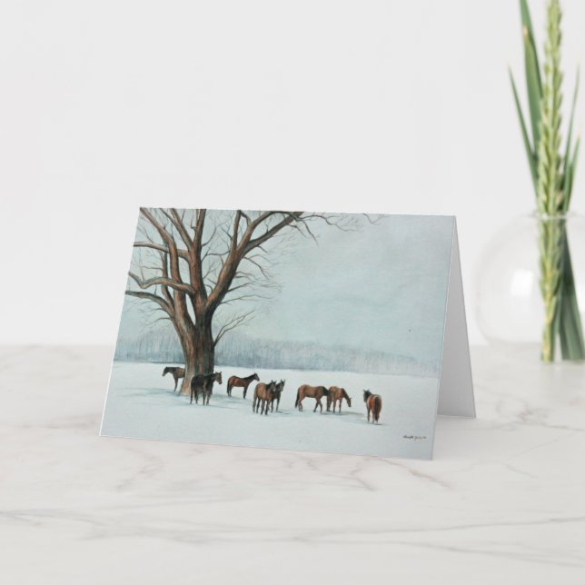 "Horses in Snow" Animal Art Greeting Card (Front)