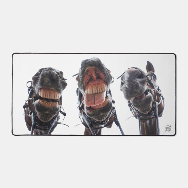 Horses looked in the mouth. 3 horses laughing. desk mat (Front)