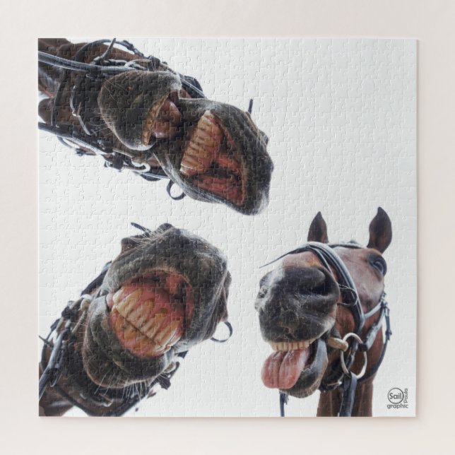 Horses looked in the mouth. 3 horses laughing, ski jigsaw puzzle (Vertical)