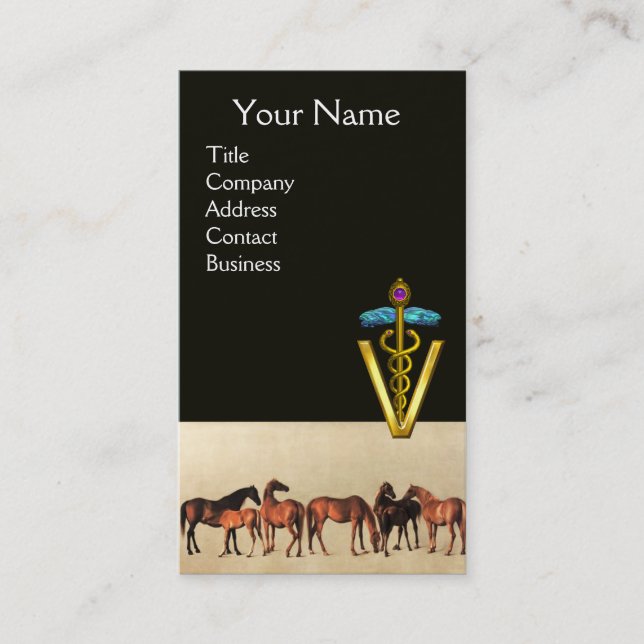 HORSES /MARES AND FOALS CADUCEUS VETERINARY SYMBOL BUSINESS CARD (Front)
