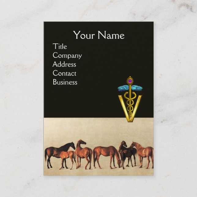 HORSES /MARES AND FOALS CADUCEUS VETERINARY SYMBOL BUSINESS CARD (Front)