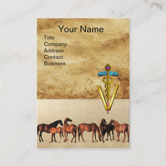 HORSES /MARES AND FOALS CADUCEUS VETERINARY SYMBOL BUSINESS CARD (Front)