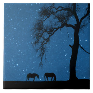 Horses Oak Tree and Night Sky Tile