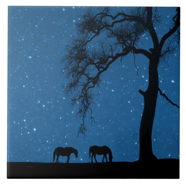 Horses Oak Tree and Night Sky Tile (Front)