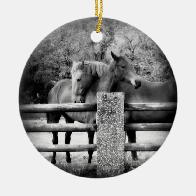 Horses on Farm Field Together Ceramic Tree Decoration (Front)