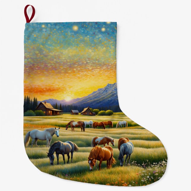 Horses on Farm Wildflower Meadow Large Christmas Stocking (Front)
