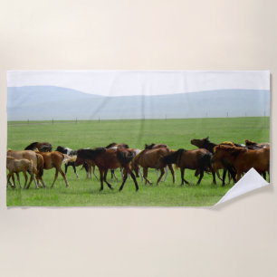Horses on Grassland - Landscape Photograph Beach Towel